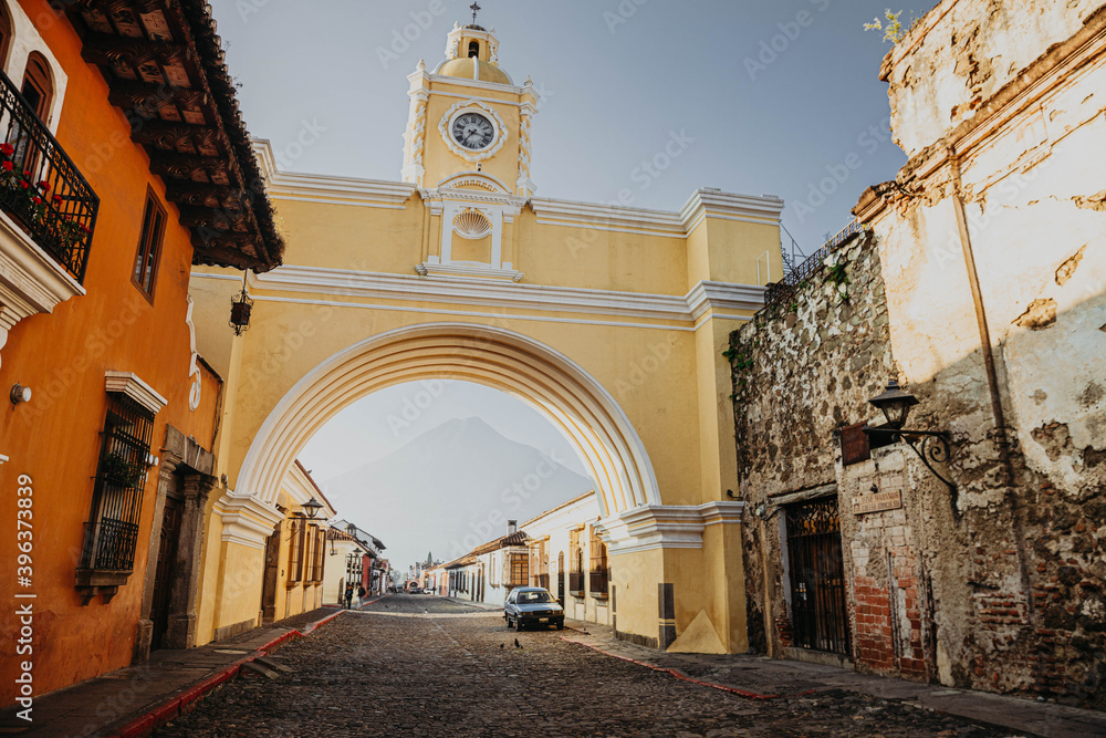 Santa Catalina Arch in Antigua Guatemala empty streets during COVID-19 pandemic