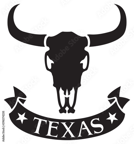 Texas map and longhorn bull skull label vector illustration