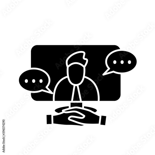 Online job interview glyph icon. Video conference meeting filled flat sign. Concept of recruiter interviewing candidate online. Remote headhunting examination. Isolated silhouette vector illustration