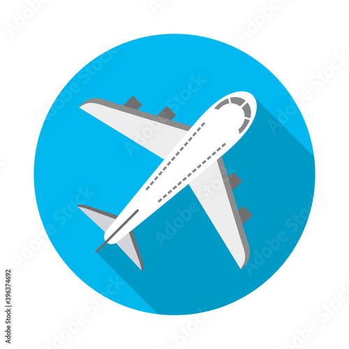 Airplane icon vector image. Airplane round logo. Flat icon. Fly, relax, sea, rest. Black and white image in a blue circle.