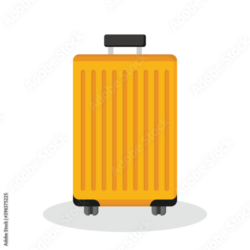 Yellow suitcase on wheels flat icon for illustration. Lazy, winter trip to the beach, sea, vacation. Traveling by plane, train, car. Cartoon, comic book, 2d drawing.