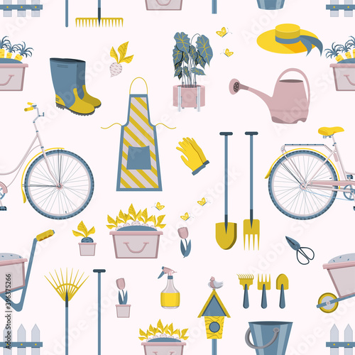 Pattern of gardening tools icons of farming or farmer garden household. Colorful Garden equipment vector illustration.