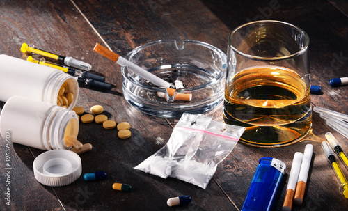 Obraz na plátně Addictive substances, including alcohol, cigarettes and drugs