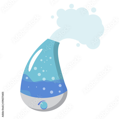 Humidifier device in blue color. Electronic gadget to moisture indoor air for healthy breathing. Health care equipment in flat isolated vector. Water, bubbles and steam. Household appliance.