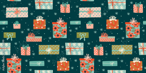 Christmas and Happy New Year seamless pattern with gift boxes. Trendy retro style.