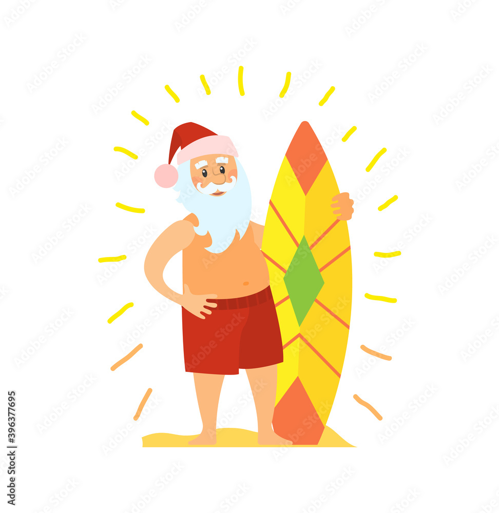 Santa Claus and surfing board, Christmas character on summer rest. Vector Saint Nicholas surfer in tropical country, man in hat and beard, vector Santa Claus and surfing board, Christmas character on summer rest. Vector Saint Nicholas surfer in tropical country, man in hat and beard, vector