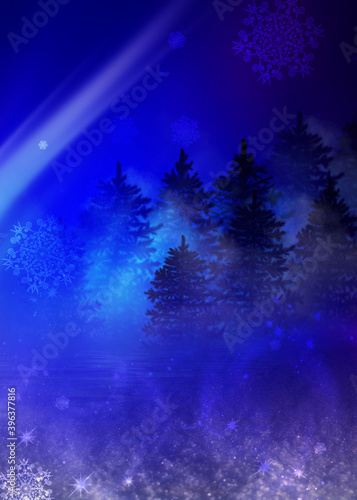 Dark abstract background. Winter night forest landscape. Silhouettes of fir trees, lit with neon glow, snowdrifts, snowflakes. 3d illustration © Laura Сrazy