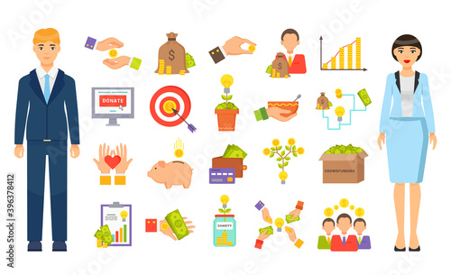 Set of business icons, crowdfunding concept. Investment strategy and making money concept. Analytical icons, finance symbols, signs. Growing idea, sponsors making donations, investing in ideas