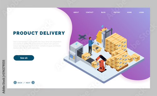 Landing page of website, product delivery. Isometric picture, shipping cargo at forklift. Drone, factory machine, producing goods or products. Card boxes at pallet. Worker control process with tablet