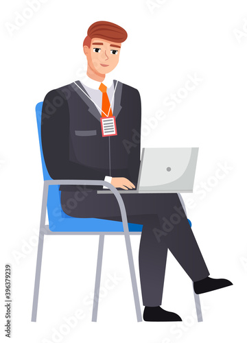 Office staff, manager work and communication. Office worker on chair. Business employees on their workspace. Co-worker. Businessman or a clerk working at his office workplace flat style