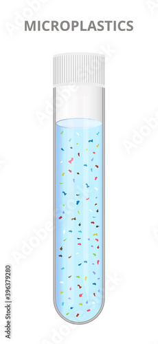 Vector illustration of laboratory test tube with a sample of microplastics in water isolated on a white background. Water, ocean, sea pollution. Ecosystem problem – planet earth covered with plastics.