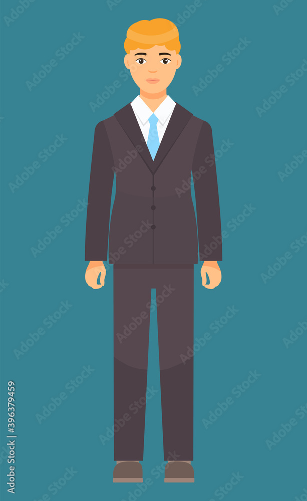 Isolated cartoon character businessman wearing stylish brown suit, blue tie. Man in jacket and trousers, white shirt. Business person style. Dresscode of office worker. Blond-haired guy, cloth element Isolated cartoon character businessman wearing stylish brown suit, blue tie. Man in jacket and trousers, white shirt. Business person style. Dresscode of office worker. Blond-haired guy, cloth element