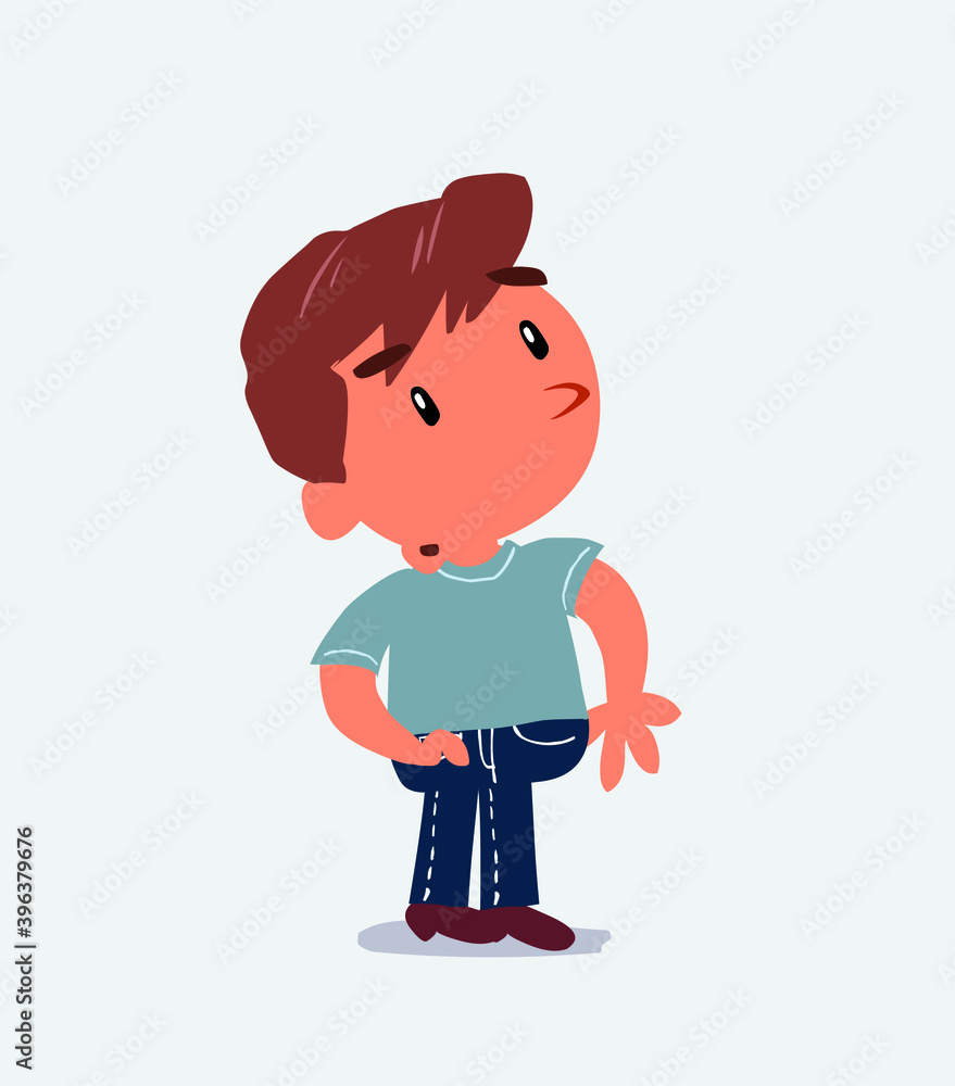 cartoon character of little boy on jeans looks with doubt and somewhat surprised.