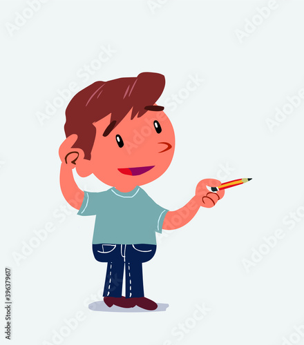cartoon character of little boy on jeans doubts while pointing with a pencil.