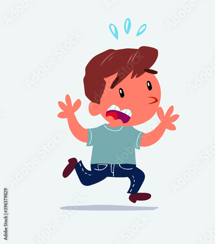  cartoon character of little boy on jeans runs away in terror