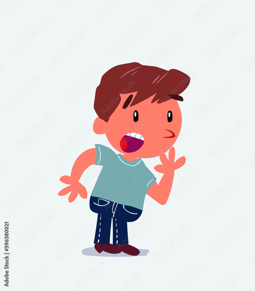 Unpleasantly surprised cartoon character of little boy on jeans looks to the side Unpleasantly surprised cartoon character of little boy on jeans looks to the side