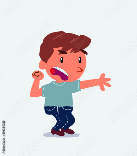 Very angry cartoon character of little boy on jeans pointing at something