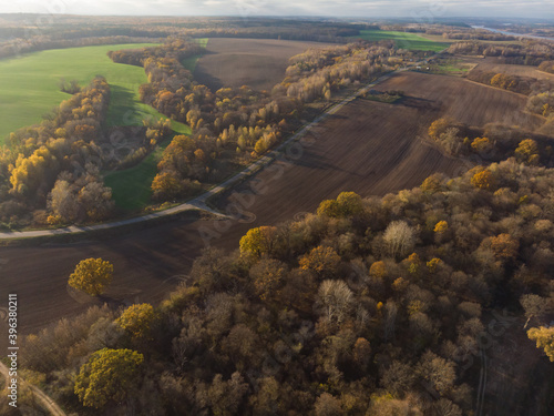 Autumn forest and river. Panorama. Scenery. Landscape. Photo from a quadcopter.