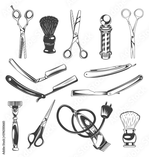 Set of barbershop tools, instruments, symbols. Different scissors for cutting hair, shaving brush, barber s pole, sharp razor blades for beard, shaver, electric razor. Barber professional equipment