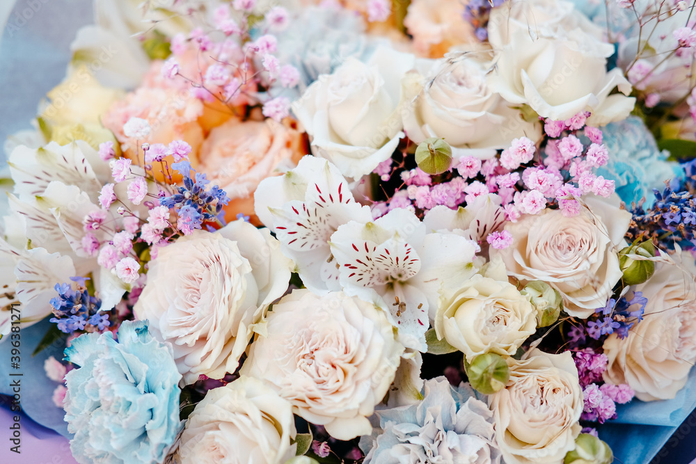 beautiful bouquet of different plants rose hypsophila Alstroemeria. the theme of floral business and shop . beautiful bouquet of different plants rose hypsophila Alstroemeria. the theme of floral business and shop .