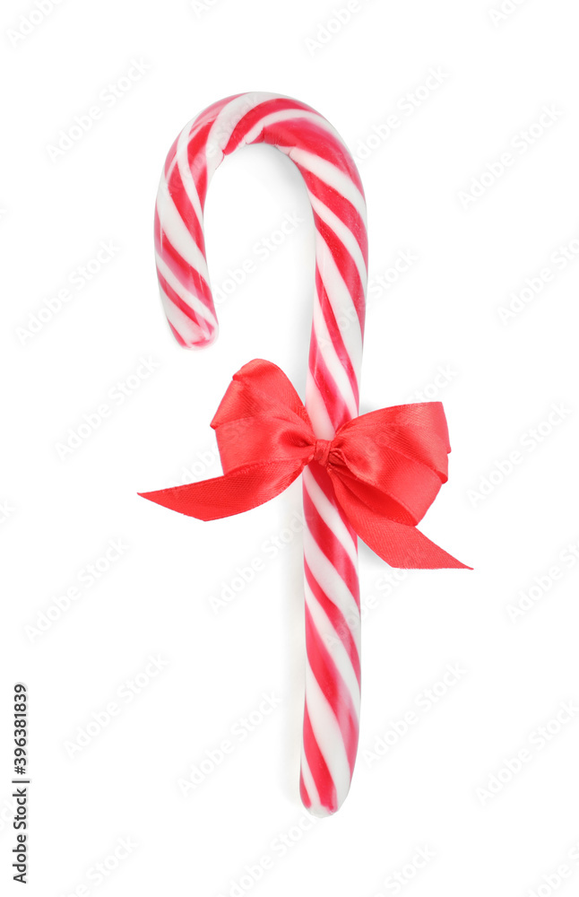 Sweet Christmas candy cane with red bow isolated on white, top view Sweet Christmas candy cane with red bow isolated on white, top view
