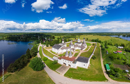 Aerial Panaramic view to Ferapontov Belozersky male monastery of XV century. Complex of temples Located on the shore of the Borodaevsky Lake. Russian Orthodox Church. Kirillov. Vologda Region. Russia photo