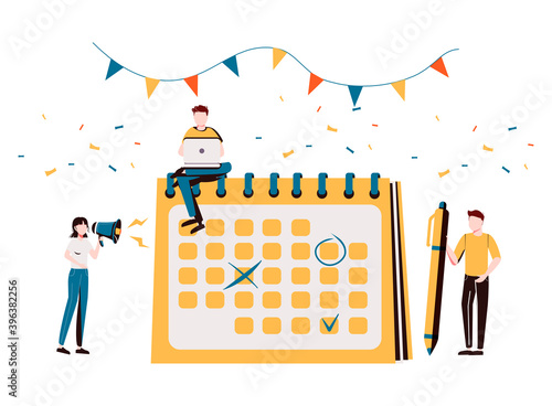 Colleagues preparing for corporate party. Time management, deadline. Brand event. Event brand management, sponsored event organization concept. Bright vibrant violet vector isolated illustration