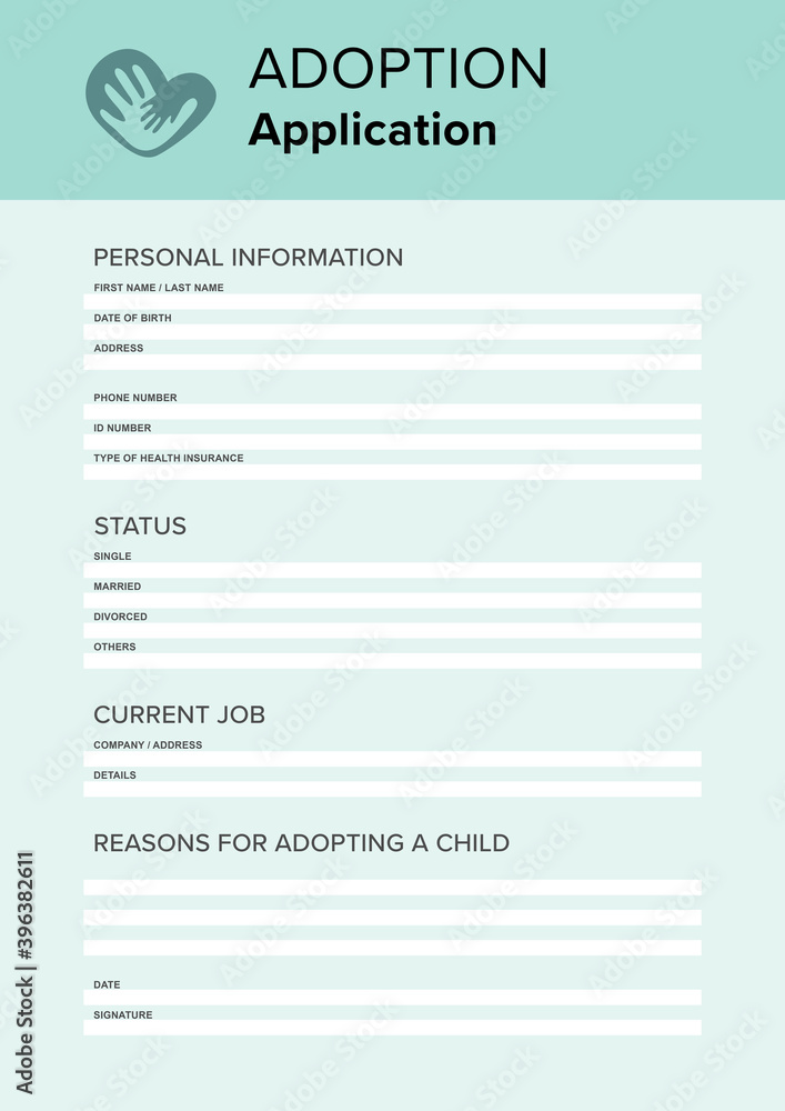 Child adoption application. Questionnaire with space for answers Child adoption application. Questionnaire with space for answers