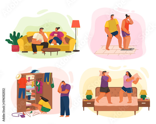 Life of young couple, collection of illustrations, happy woman, man eating popcorn relaxing at sofa, girl standing at scales, guy jokes at girlfriend, I have nothing to wear, fighting pillows at bed