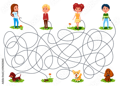 Four children walked with dogs on leashes. Guess whose dog ran away? Children's picture puzzle with a maze of entangled lines.