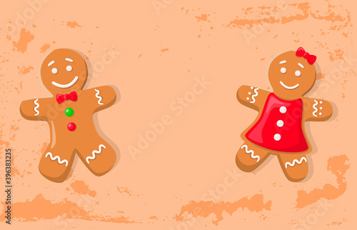 Holiday gingerbread of man and woman, smiling girl in bright dress and boy with bow and buttons. Holly paper card with traditional cookies vector