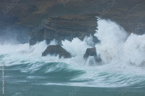 Storm and Big Waves seen from La Ojerada. Cabo Quejo. Cantabrian Sea. Arnuero. Cantabria. Spain. Europe