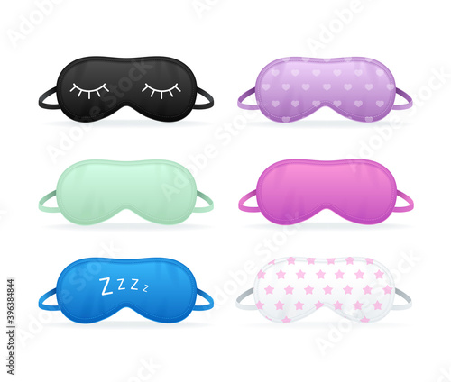 Realistic Detailed 3d Color Different Sleep Mask Set. Vector