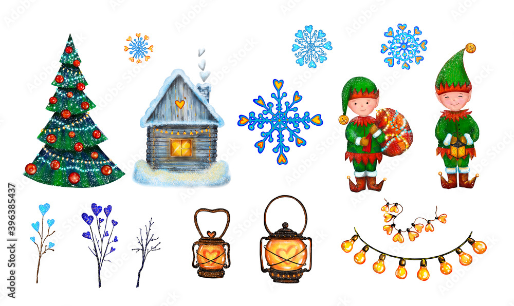Fototapeta premium Christmas digital set isolated on white background. Christmas tree, elves, cozy house, glowing lanterns, fluorescent garlands, gnomes, twigs, snowflakes, hut. new year