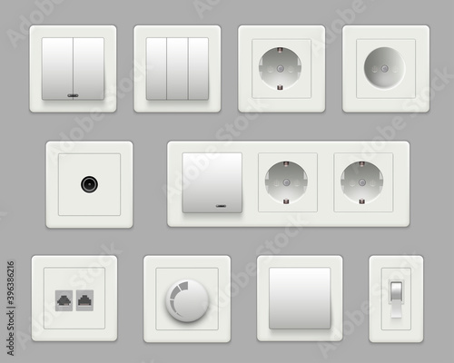 Light switches single, double, triple realistic set. Sockets and outlets. Electrical point, equipment.