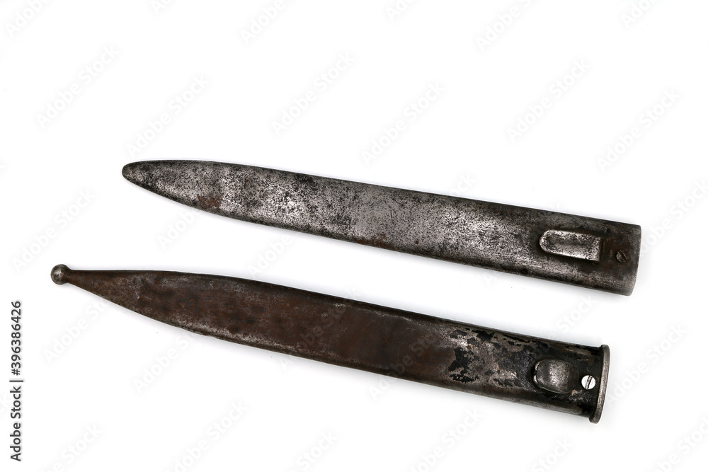 iron scabbard from a bayonet-knife on a white background iron scabbard from a bayonet-knife on a white background