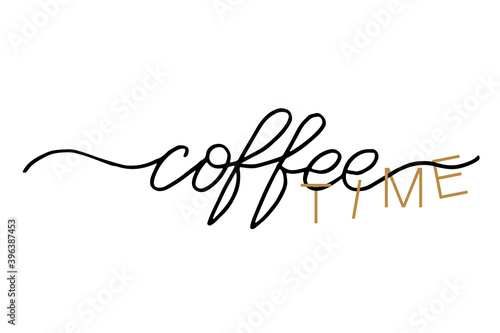 Coffee time handwritten text. Vector typography quote. Continuous line cursive text coffee time. Lettering vector illustration for poster, card, banner for cafe. 