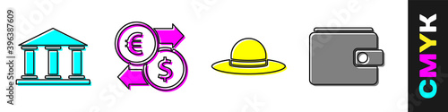 Set Museum building, Money exchange, Elegant women hat and Wallet icon. Vector.