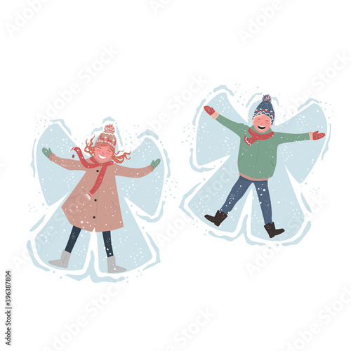 A boy and a girl in winter clothes lie in the snow and make an angel out of the snow. Isolated on white background. Vector cartoon illustration.