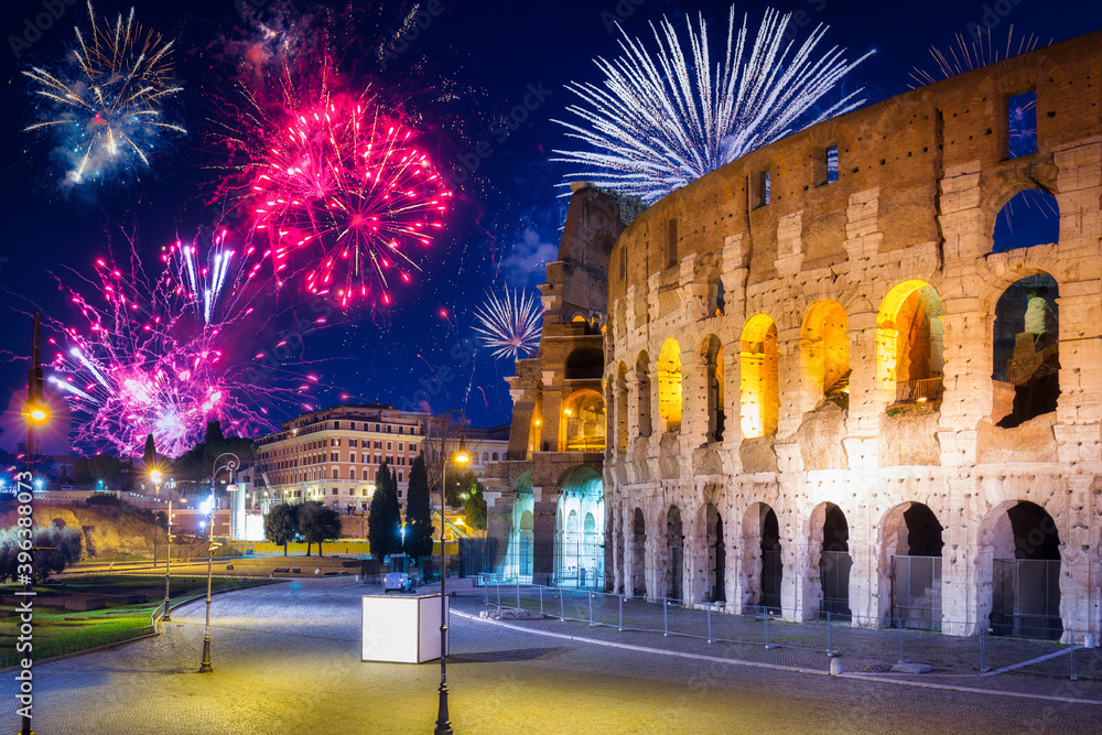 Fireworks display over the Colosseum in Rome, Italy