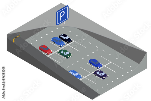 Underground parking with cars. Indoor transport park concept. 3d isometric vector illustration