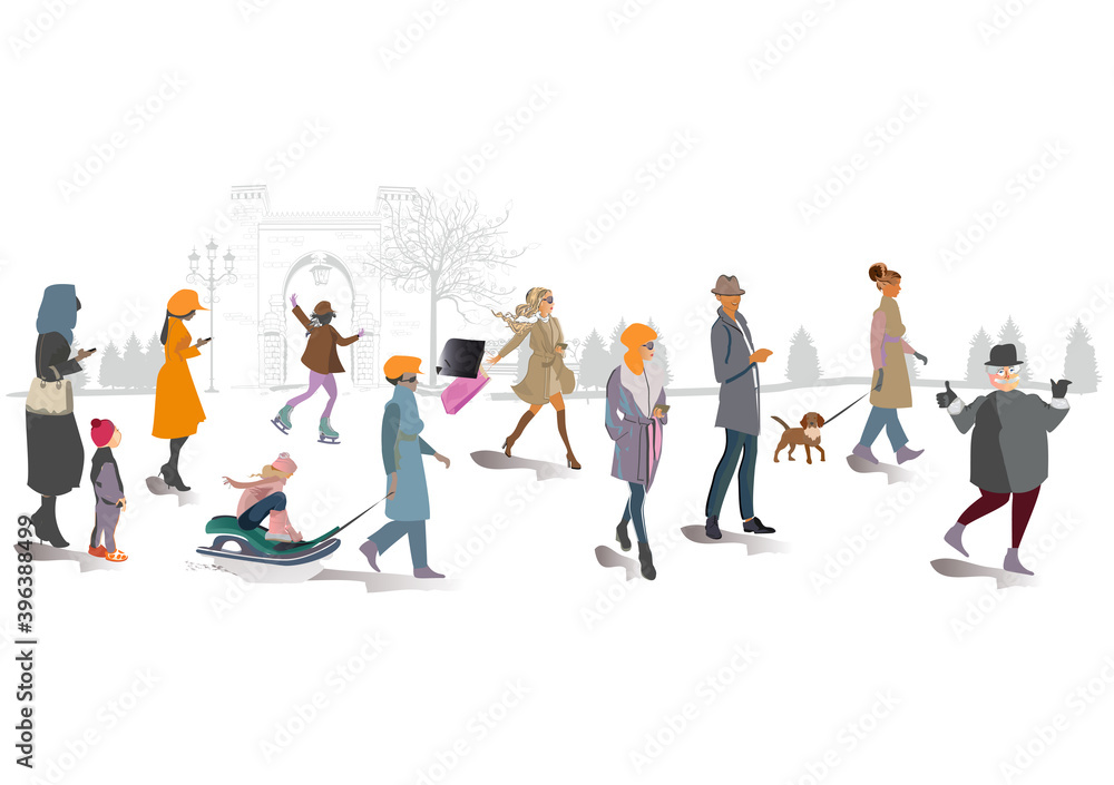 Set of people having rest in the park in winter.  Active leisure outdoor activities. Colorful vector illustration.