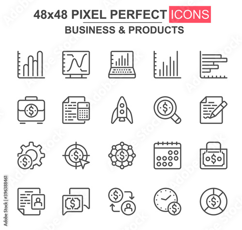 Business and products thin line icon set. Rocket, chart, goal, finance, capital, scheduler, stock index unique icons. Outline vector bundle for UI UX design. 48x48 pixel perfect linear pictogram pack.