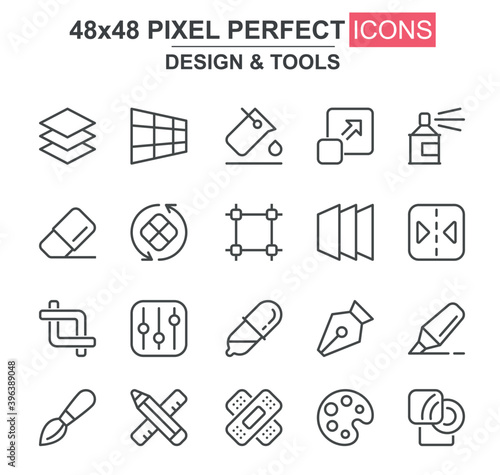 Design and tools thin line icon set. Pen, crop, eraser, palette, selection, pencil, rotate, eyedropper unique icons. Outline vector bundle for UI UX design. 48x48 pixel perfect linear pictogram pack.