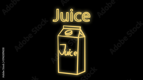 Carton of juice neon sign. Glowing illustration of pack of juice with piece of orange and plastic tube on blue brick background. Can be used for shops, grocery stores, advertisements, supermarkets
