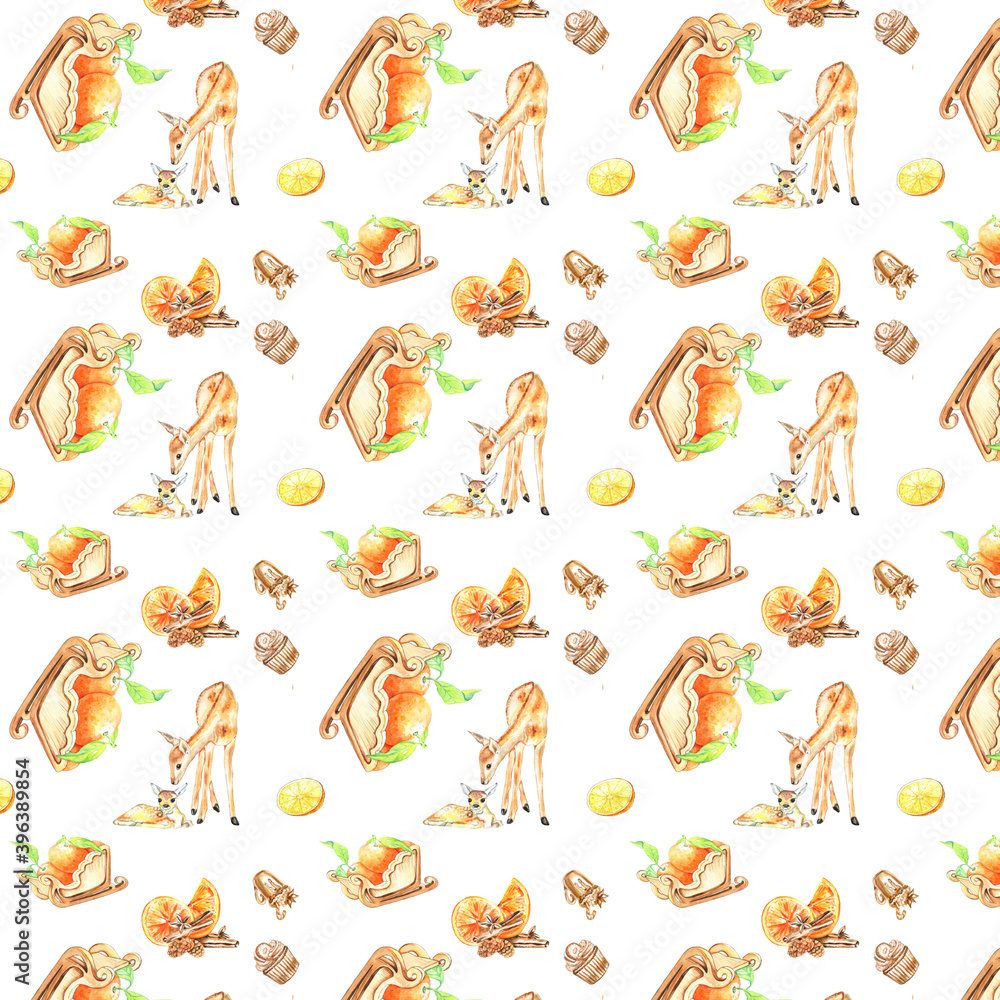 New year pattern with deer, oranges, sledges, cocoa mug and cakes New year pattern with deer, oranges, sledges, cocoa mug and cakes