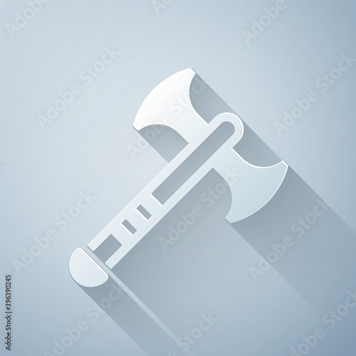 Paper cut War axe icon isolated on grey background. Battle axe, executioner axe. Medieval weapon. Paper art style. Vector.