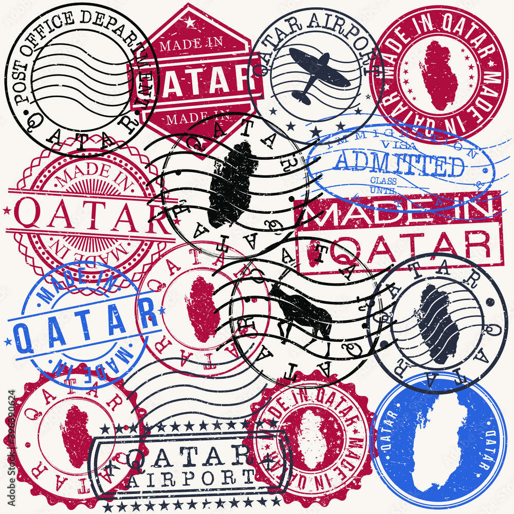 Qatar Set of Stamps. Travel Passport Stamp. Made In Product. Design