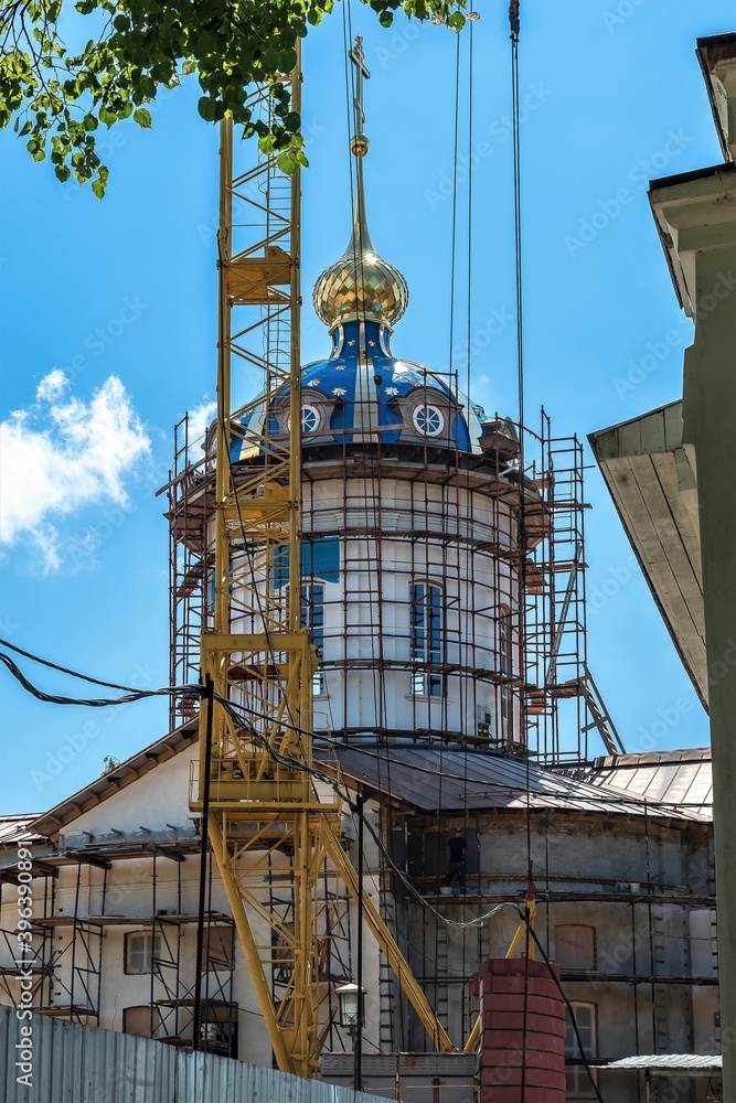 Russia, Kostroma, July 2020. Active construction of a new Orthodox cathedral.