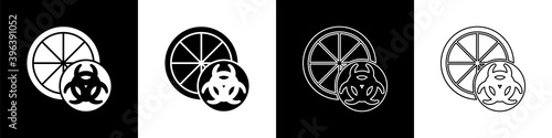 Set Genetically modified citrus fruit icon isolated on black and white background. Orange in a cut. Healthy lifestyle. GMO fruit. Vector.